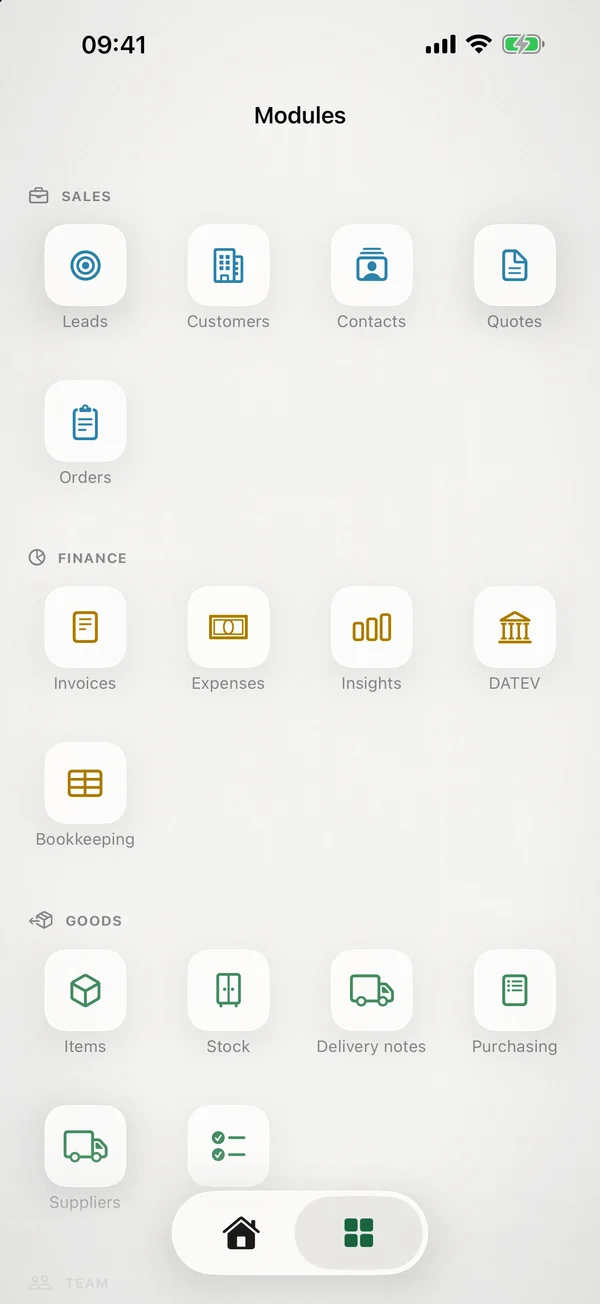 miphu on iPhone: the module overview with sales, finance and goods